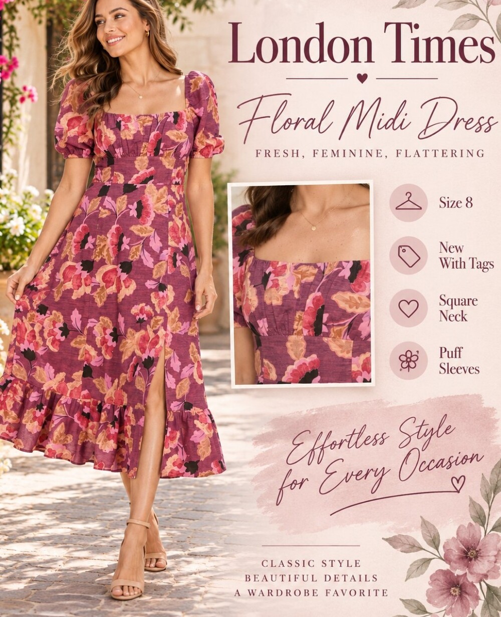 London Times Floral Midi Dress – Size 8 – NWT 🌸